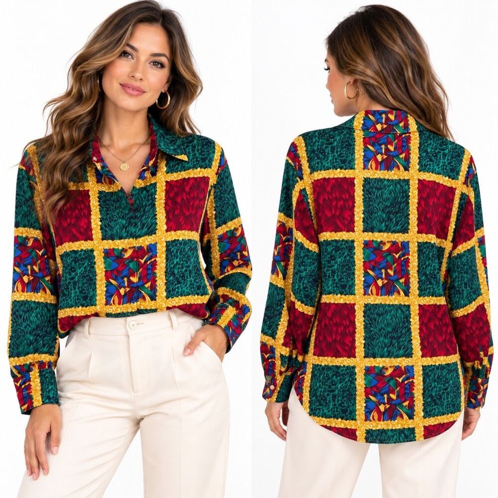 Vintage Chaus Women’s Multicolor Patchwork Animal Print Button Blouse Size 6